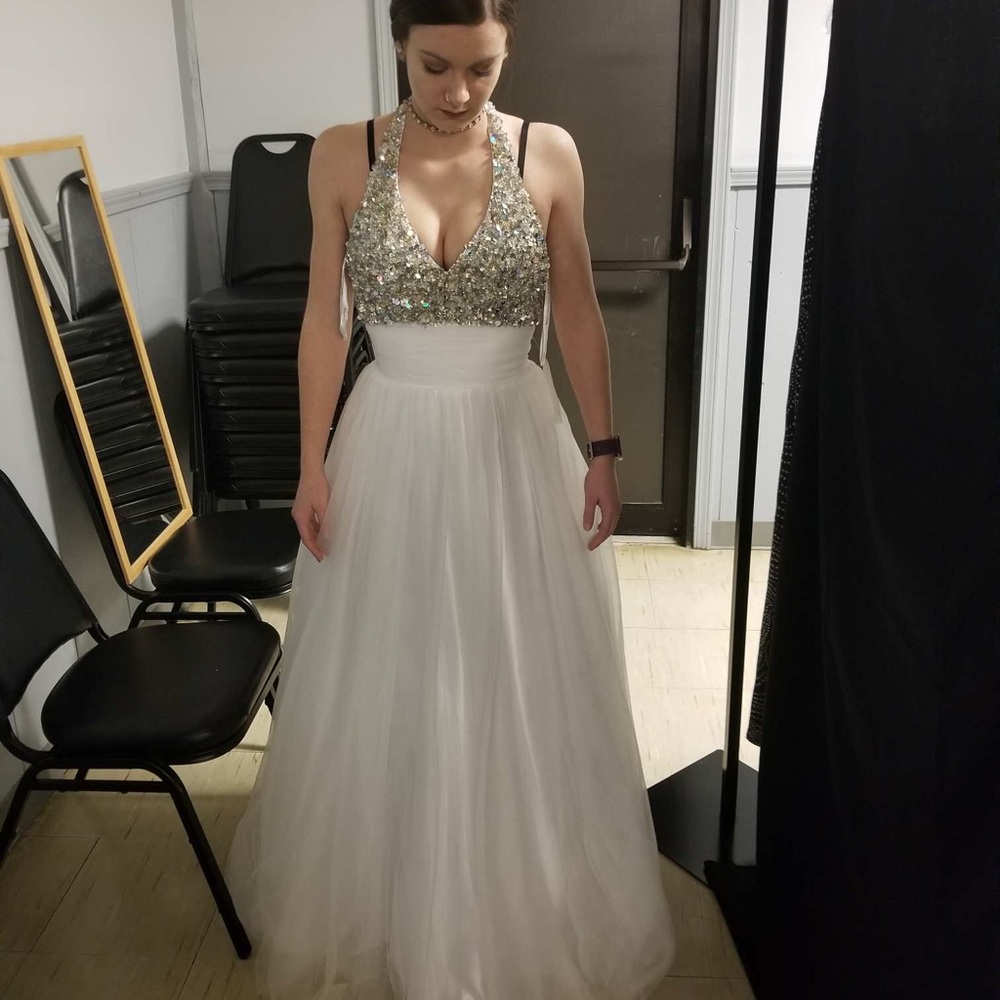 White flowy/sequin halter top prom dress